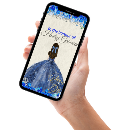 Royal Blue & Gold Quinceañera Custom Video Invitation - Graceful Animated Digital invites