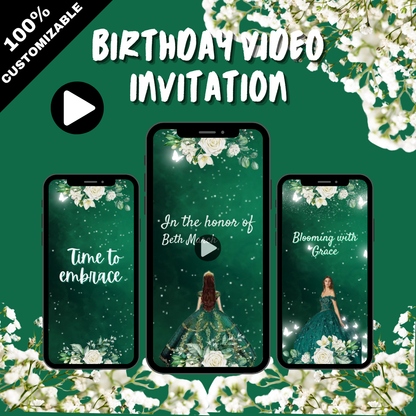 Custom Unique Emerald Green Quinceanera Party Video Invitation - Custom Theme VIdeo Invitation