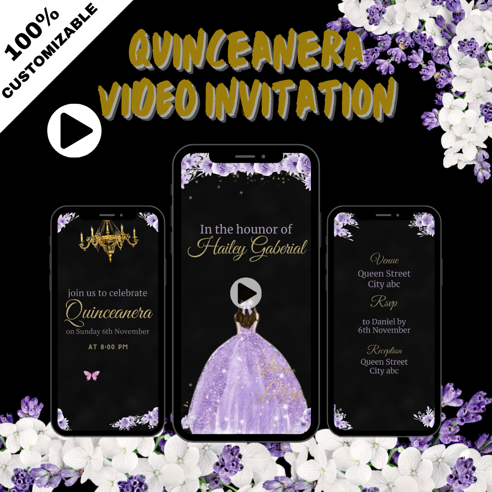 Customized Royal Quinceanera with Black,Purple & Silver Theme Video Invitation - Custom Video Invitation