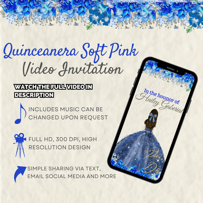 Royal Blue & Gold Quinceañera Custom Video Invitation - Graceful Animated Digital invites