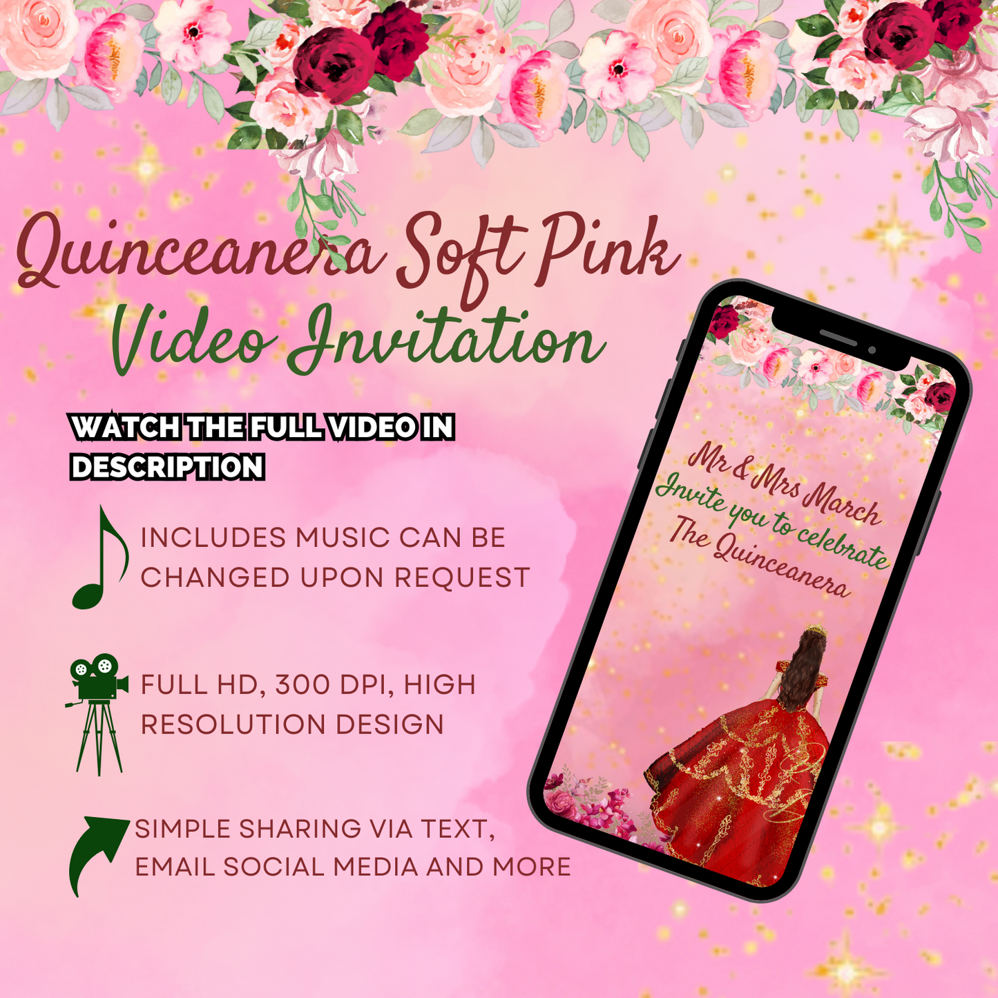 Elegant Soft Pink Butterfly & Floral Custom Quinceanera - Video Invitation Perfect Video Invitation