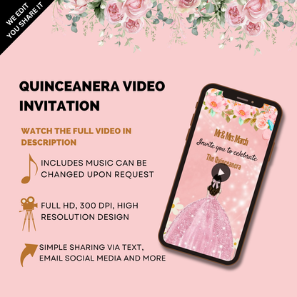 Animated Burgundy Floral & Gold Quinceanera Theme Video Invitation - Custom Video Invites