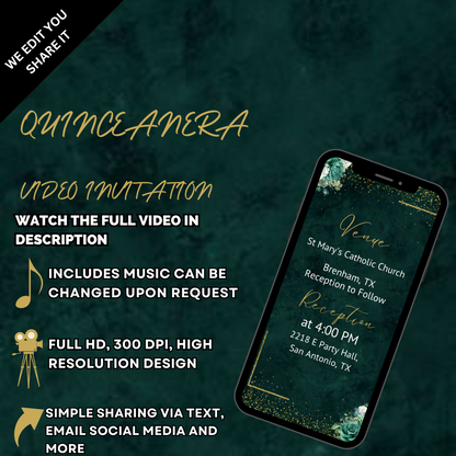 Emerald Green & Gold Quinceañera Video Invite – Elegant Digital Invitation for Your Special Day!