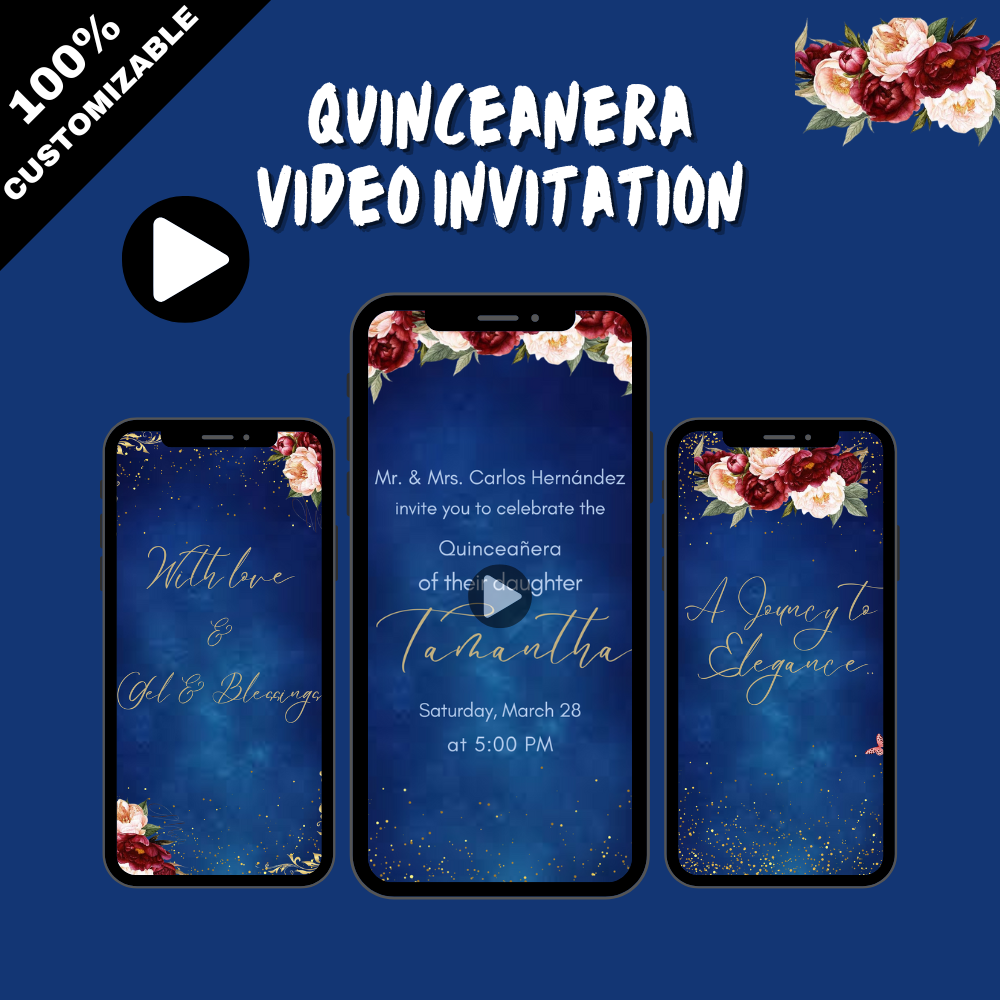 Royal Blue & Burgundy Floral Quinceañera Video Invite – Elegant Digital Invitation for Your Special Day!