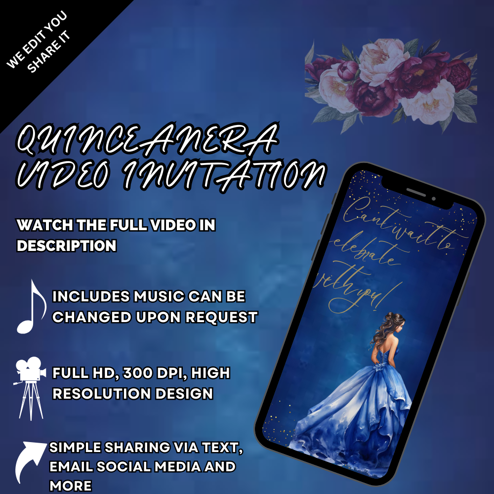 Royal Blue & Burgundy Floral Quinceañera Video Invite – Elegant Digital Invitation for Your Special Day!