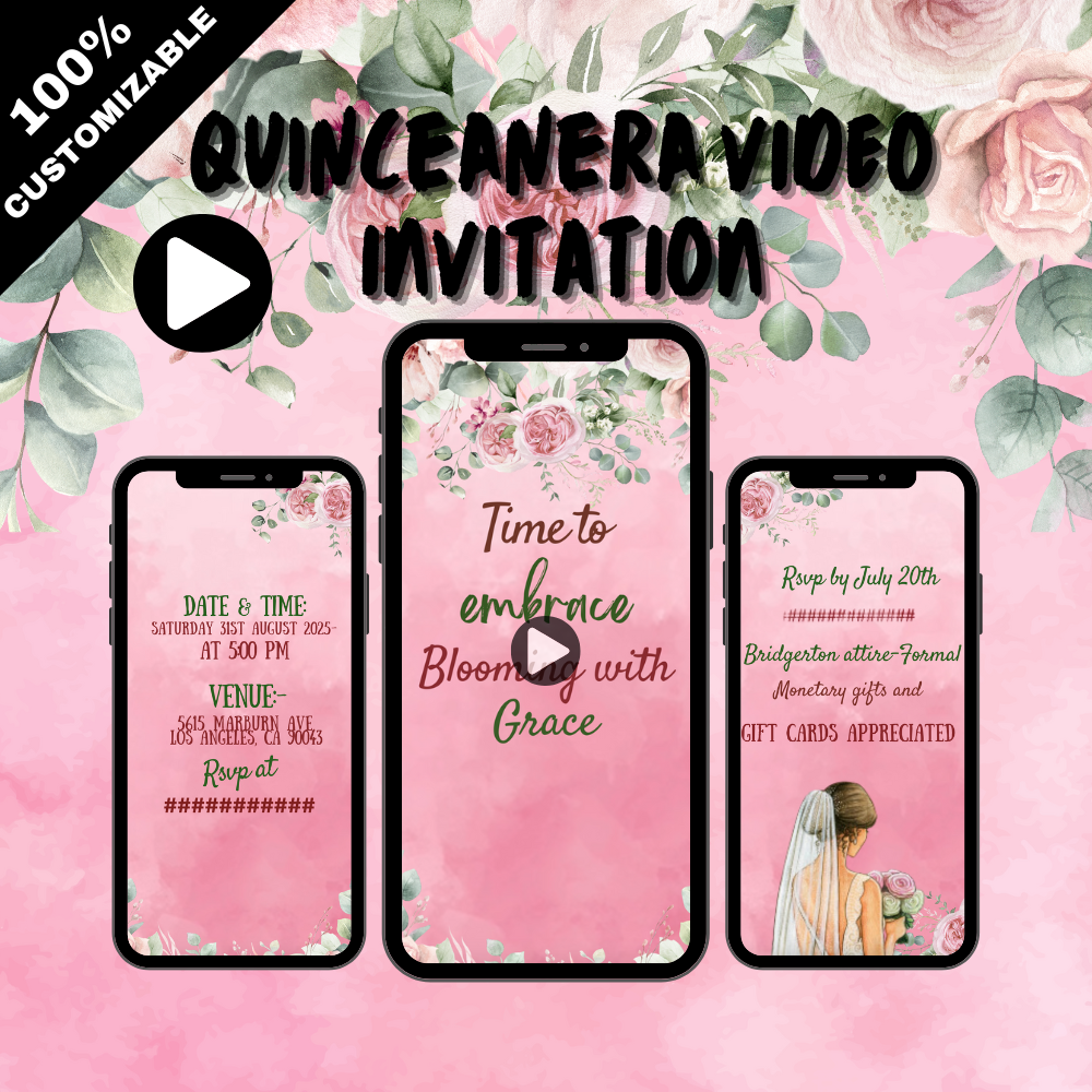 Custom Quinceanera Pink Theme Video Invitation - Animated Quinceanera Pink Theme Video Invites