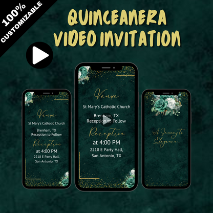 Emerald Green & Gold Quinceañera Video Invite – Elegant Digital Invitation for Your Special Day!