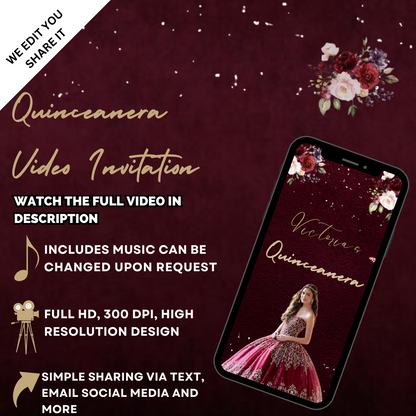 Burgundy Floral & Gold Quinceañera Video Invitation - Gold Quinceañera Theme Digital Invite