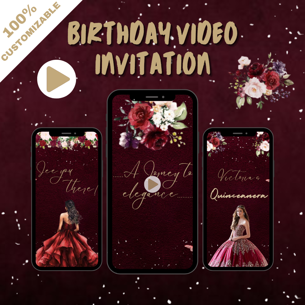 Burgundy Floral & Gold Quinceañera Video Invitation - Gold Quinceañera Theme Digital Invite