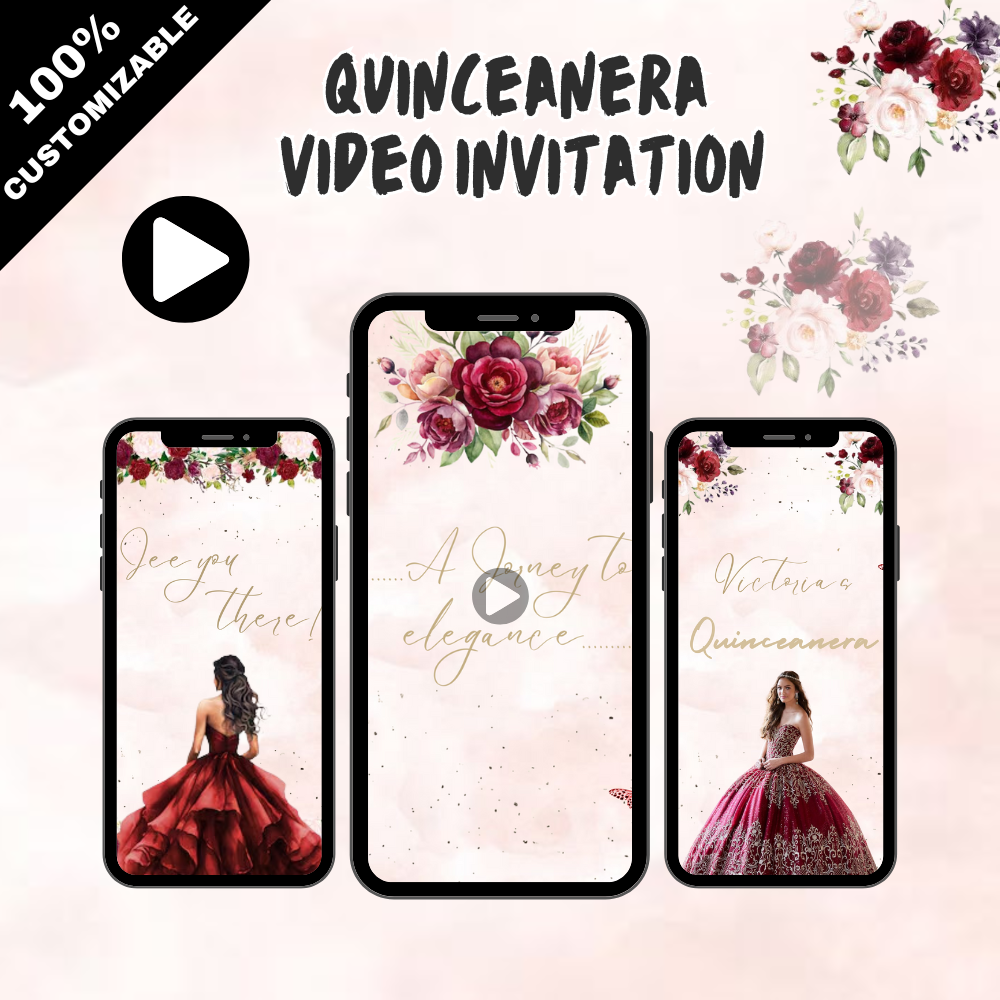 Blush & Burgundy Floral Quinceañera Video Invitation - Elegant Digital Quince Años VIdeo Invitation!