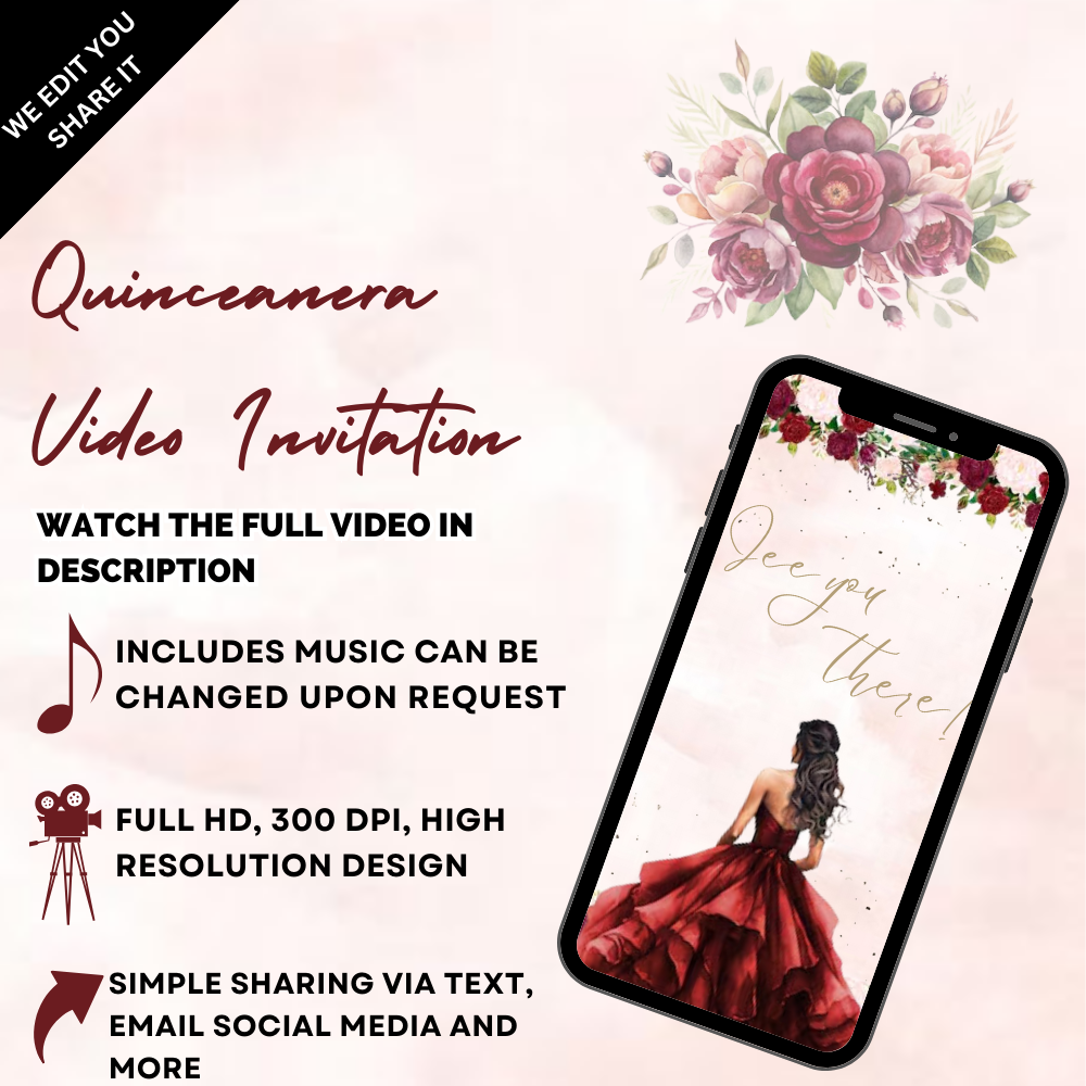 Blush & Burgundy Floral Quinceañera Video Invitation - Elegant Digital Quince Años VIdeo Invitation!