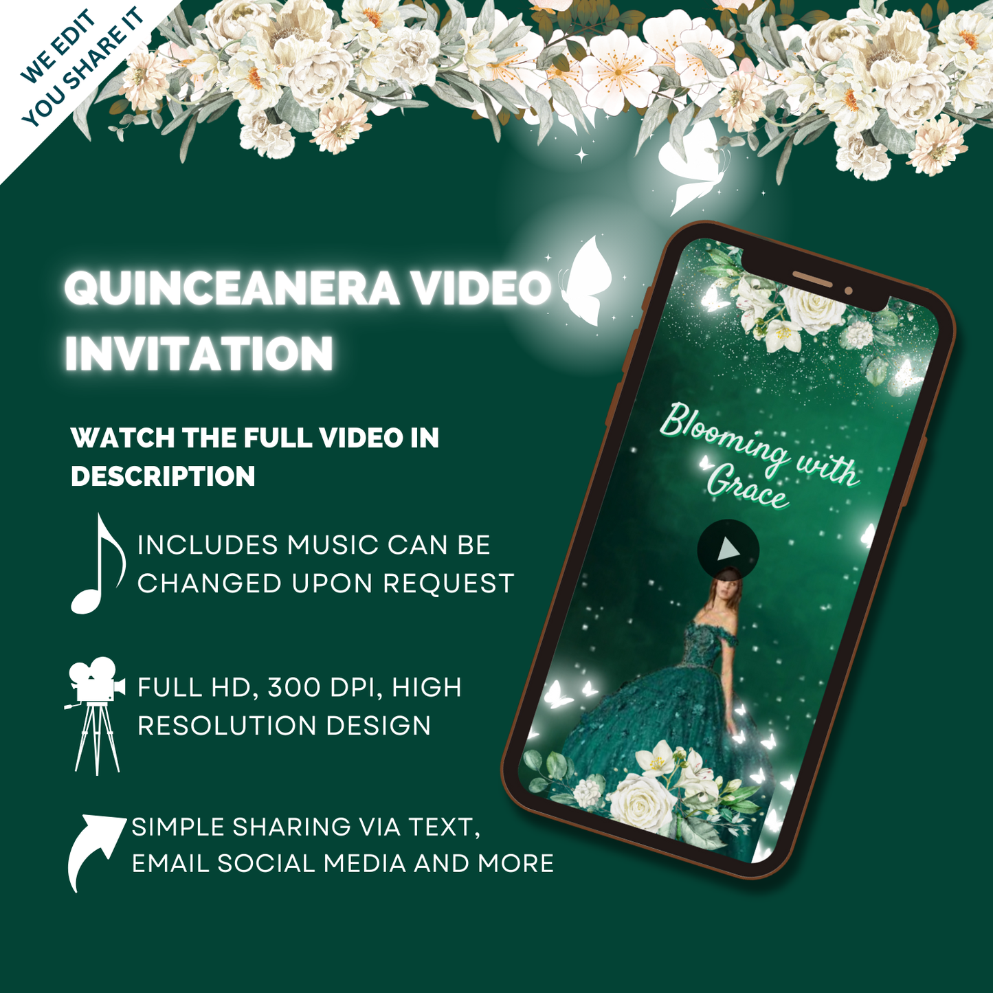 Custom Unique Emerald Green Quinceanera Party Video Invitation - Custom Theme VIdeo Invitation