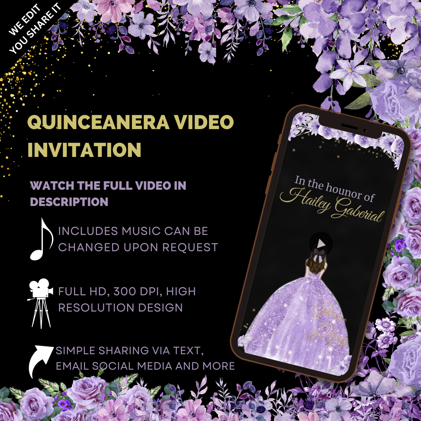 Customized Royal Quinceanera with Black,Purple & Silver Theme Video Invitation - Custom Video Invitation