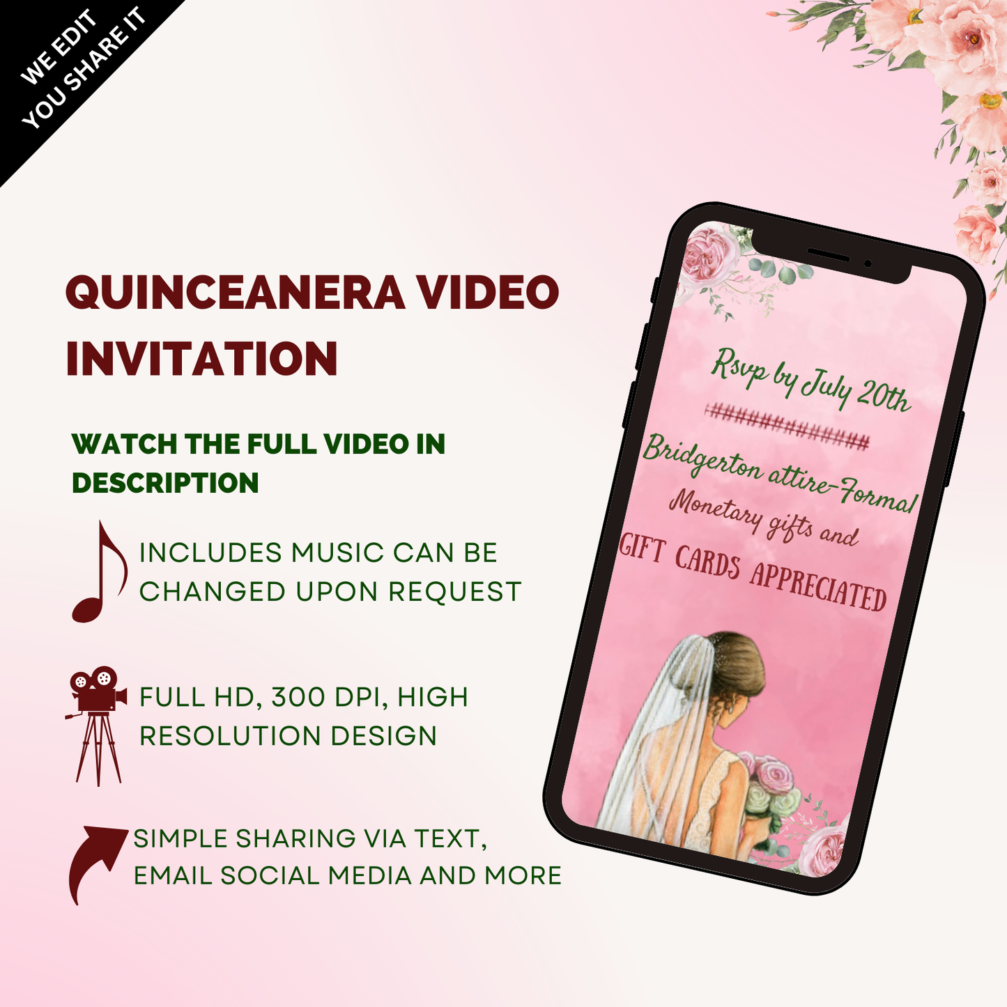 Custom Quinceanera Pink Theme Video Invitation - Animated Quinceanera Pink Theme Video Invites