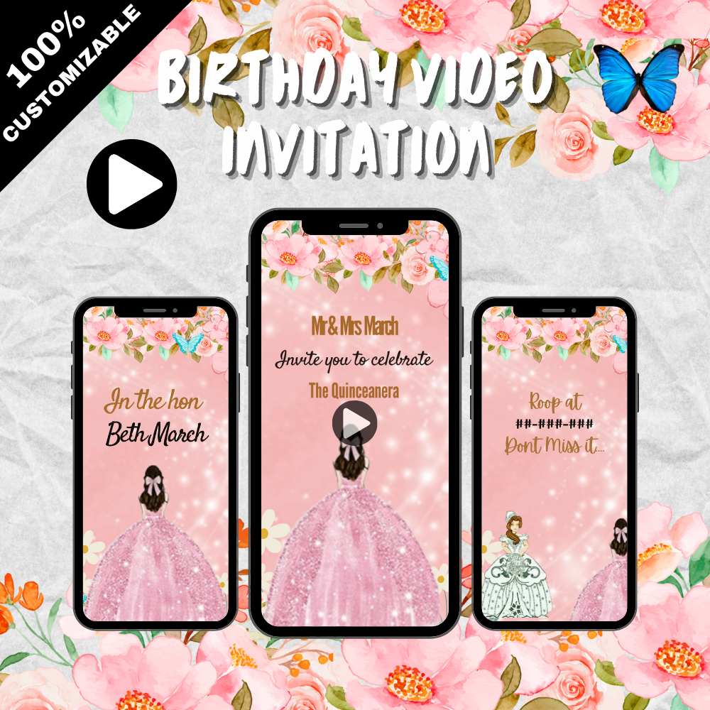 Animated Burgundy Floral & Gold Quinceanera Theme Video Invitation - Custom Video Invites