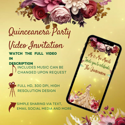 Quinceanera Gold & Burgendy Theme Video Invitation - Quinceanera Party Video Invite