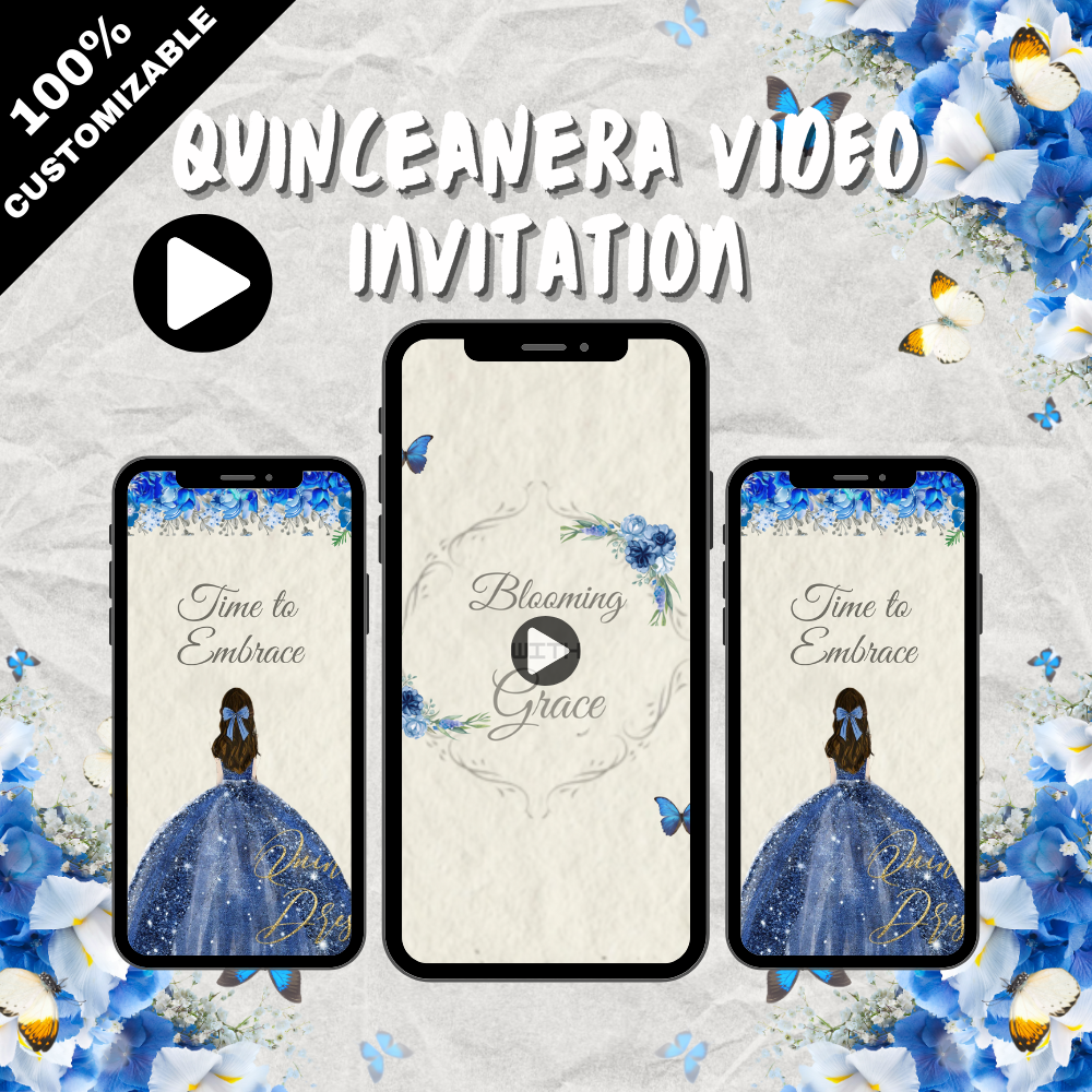 Royal Blue & Gold Quinceañera Custom Video Invitation - Graceful Animated Digital invites