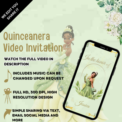 Princess Tiana Mint Green Quinceañera Video Invite – A Magical Celebration Awaits!