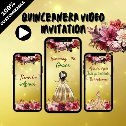 Quinceanera Gold & Burgendy Theme Video Invitation - Quinceanera Party Video Invite