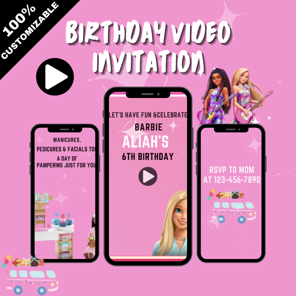 Animated Glamorous Barbie Spac Birthday Video Invitation - Sparkling Custom Video Invitation