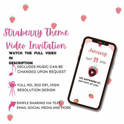 Customized Berry Sweet 1st Birthday Video Invitation - Strawberry-Themed Party Invite