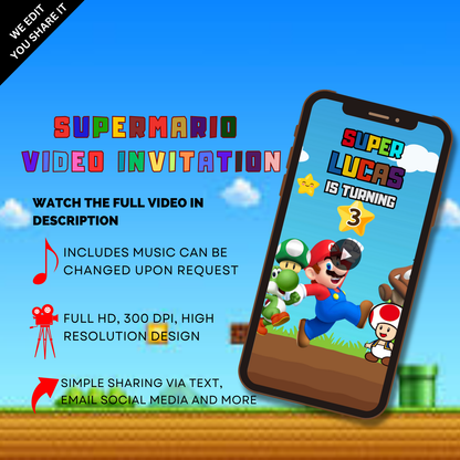 Animated Super Mario Bros Birthday Video Invitation - Custom Super Mario Bros Video Invite