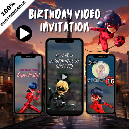 Personalized Tales of Ladybug & Cat Noir Birthday Digital Video Invitation - Animated Video Invites