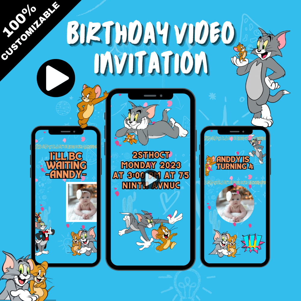 Custom Animated Tom & Jerry Birthday Video Invitation – Digital birthday Video Invites