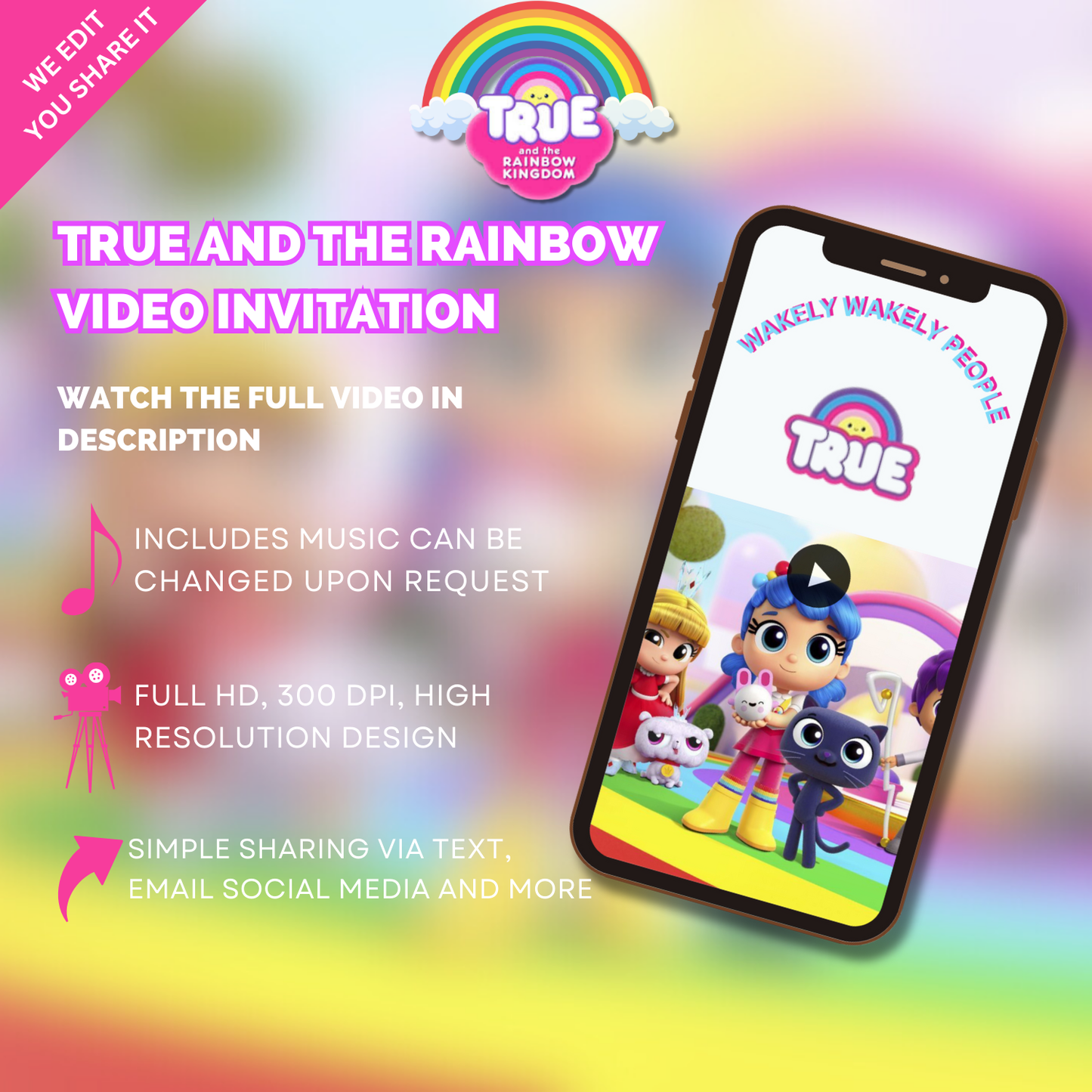 Animated True And Rainbow Birthday Party Video Invitation - Custom Theme Birthday Party Invite