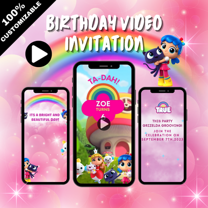 Animated True And Rainbow Birthday Party Video Invitation - Custom Theme Birthday Party Invite