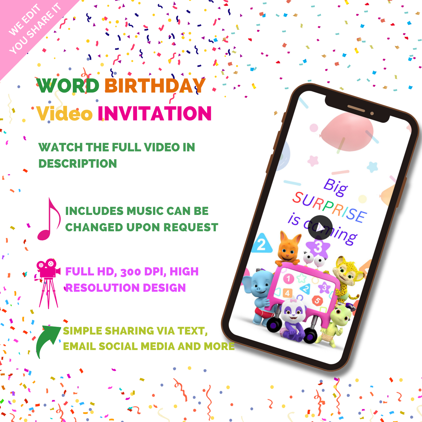 Customized Word Party Birthday Video Invitation - Digital Word Theme Party Invite